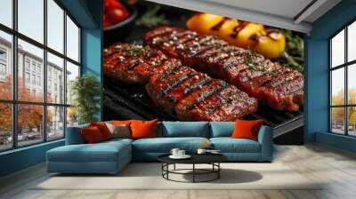 Meat and vegetables healthy food diet. Juicy steaks of fresh red meat. Barbecue set. Wall mural