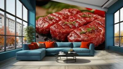 Meat and vegetables healthy food diet. Juicy steaks of fresh red meat. Barbecue set. Wall mural