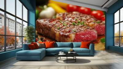 Meat and vegetables healthy food diet. Juicy steaks of fresh red meat. Barbecue set. Wall mural