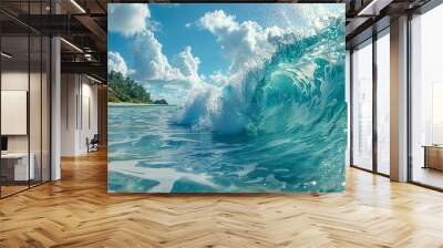 A view of a wave breaking into the ocean with a beach in the background. Generative AI Wall mural