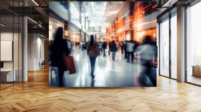 Abstract blurred photo of many people shopping inside department store or modern shopping mall, Urban lifestyle and black friday shopping concept. Generative AI Wall mural