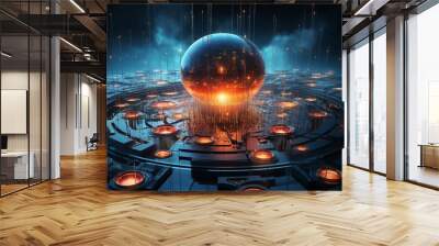 A glowing orange sphere hovers above a futuristic cityscape. Wall mural