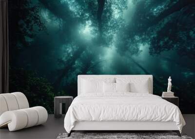 Abstract blue light rays pierce through a dark underwater scene Wall mural