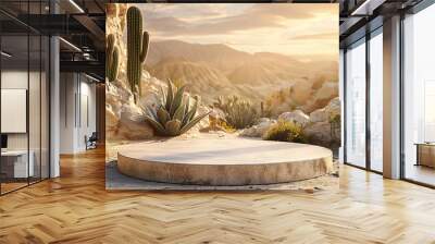 Podium set on a sandy stage with a stone and cactus background for beauty products, close up dynamic double exposure with a sunset desert backdrop Wall mural