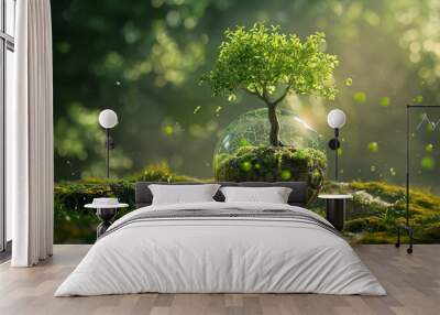 The trees are in a single round glass, receiving sunlight that filters through the foliage of the lush forest. Wall mural