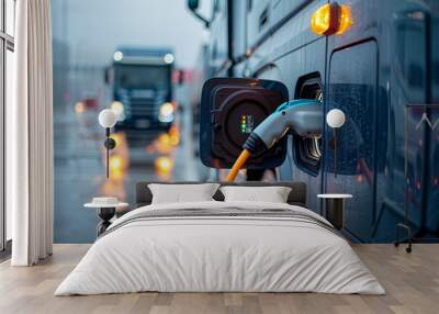 An electric truck connected to a charging station, illuminated by street lights on a wet evening. Wall mural