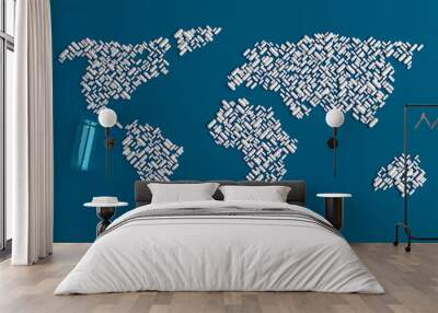 Background of scattered on a plain blue background of many tablets in the form of a silhouette of the continents of the world 3d illustration Wall mural