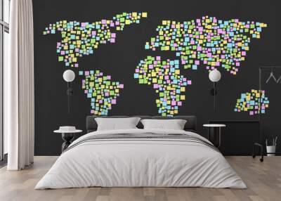 Many stickers pasted on the wall in the form of silhouettes of continents 3D illustration Wall mural