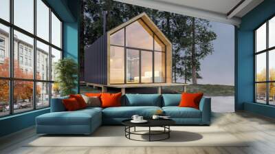 Secluded tiny house on the sandy shore of a lake with fog in a coniferous forest in cold cloudy lighting with warm light from the Windows. Stock 3D illustration Wall mural