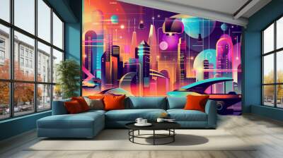 A colorful vector image of a futuristic city Wall mural