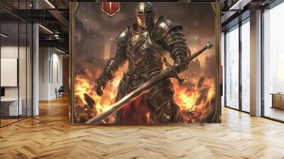 A medieval-themed card with a powerful knight in shining armor standing before a burning battlefield.  Wall mural