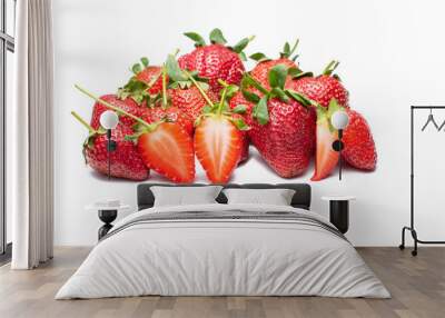 Strawberries with leaves isolated on a white background. Fresh red ripe berry waiting to be eaten. Wall mural