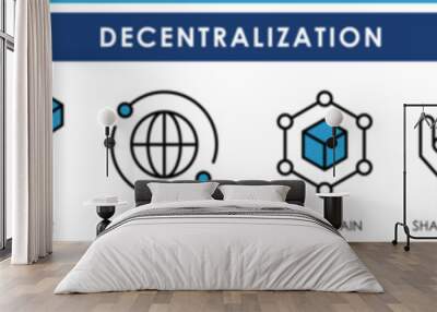 A set of line icons related to Decentralization. Network, distributed ledger, autonomy, nodes, peer-to-peer, blockchain, and so on. Vector editable stroke. Wall mural