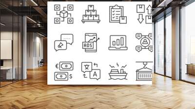 A set of line icons related to demand, supply and market. Business, goal, profit, advertise, currency, global trade, sell, buy, offer and so on. Vector outline icons set. Wall mural