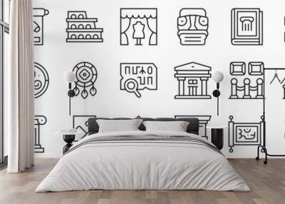 A set of line icons related to museum. Ancient items, shield, paper, statue, images and so on. Vector outline icons set. Wall mural