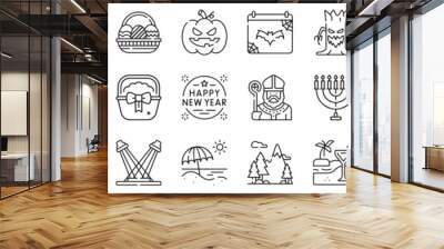 A set of line icons related to Seasonal and Holiday Themes. Celebrate, easter egg, Halloween, thanksgiving, dragon, valentine, new year, holiday and so on. Vector outline icons set. Wall mural