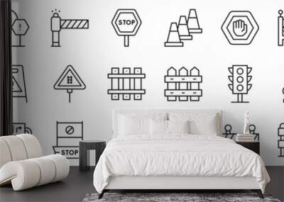 A set of linear icons related to road blocks. Road blocks, barriers, signs outline icons set. Wall mural