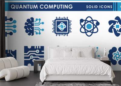 A set of solid icons related to Quantum Computing. Microchips, intelligent, quantum, physics, light, advanced, super, motherboard, and so on. Vector flat icons set. Wall mural