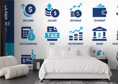 Income icon set. Containing money, tax, earnings, payment, accounting, paycheck and so on. Flat earning icons set. Wall mural