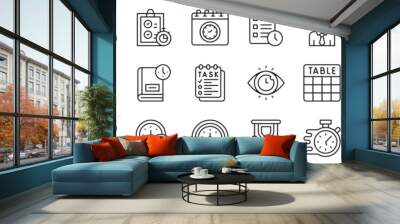 Outline icons sheet related to time management and scheduling. Line icons set related to time. Time table, stopwatch, routine, time table, setting and so on. Wall mural