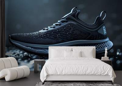 A sleek and modern running shoe mockup on a solid black background, showcasing its breathable mesh upper and cushioned sole, all captured in HD to highlight its performance and style Wall mural