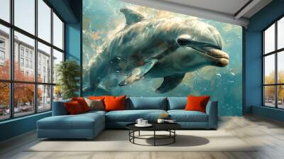 Charming dolphin on a soft blue background Wall mural