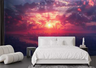 Urban skyline with vibrant sunset, cool background Wall mural