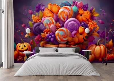 Festive Halloween pumpkins and candy surrounded by autumn leaves and seasonal decorations Wall mural