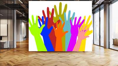 Raised many color hands on a white background. The concept of charity, volunteer, kindnees, election, voting, conert concept.  Wall mural