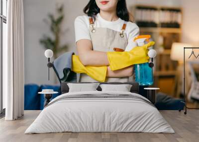 Confident young woman ready for cleaning job at house, wearing apron and yellow gloves, holding supplies. Cheerful smile shows dedication to domestic hygiene Wall mural