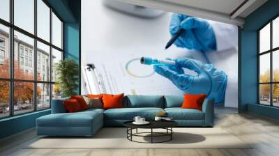 Scientist analyze biochemical sample in advanced scientific laboratory. Medical professional check chemical mix microbiological developmental of viral. Biotechnology research in science lab. cosmetic Wall mural