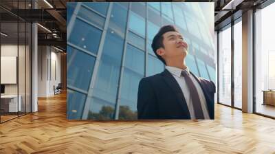 successful, confident Asian man standing optimistically in front of a corporate building Wall mural