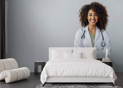 A beautiful afro-american happy doctor in medical uniform wear, generative ai Wall mural