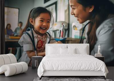 A child looks happy to meet a caregiver, smile girl meeting doctor Wall mural