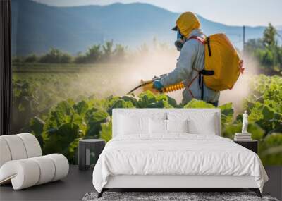 A farmer is spraying pesticides on a field with vegetable plants Wall mural