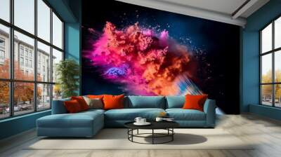 Cosmetics brush and explosion colorful makeup powder, Generative AI Wall mural