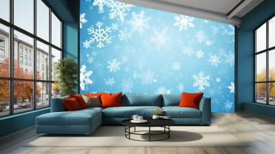 Falling snowflakes on bright blue background, Snowfall illustration. Wall mural