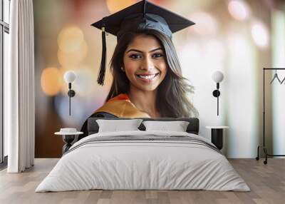 Happy beautiful Indian graduate student wearing cap and gown Wall mural