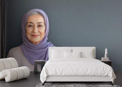 Senior Arabian woman wearing purple dress smile isolated on gray background Wall mural