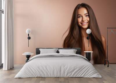 Smile Girl with long brown hair, treatment, care, spa, salon, shampoo, cosmetic Wall mural