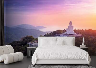 Aerial photo statue big Buddha in Phuket on sunset sky. Concept travel Thailand landmark Wall mural