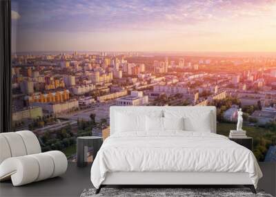 Aerial view panorama sunset city Perm Russia, drone photo Wall mural