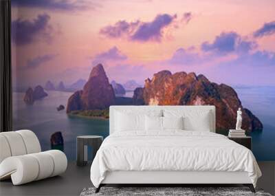 Aerial view sunset national park Phang Nga bay and Hong island with tourist speed boat. Concept travel trip in Thailand nature beautiful landmark Wall mural