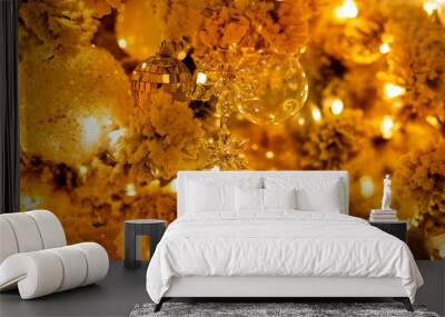 Christmas gold night tree decorated snow illumination and gifts toys Wall mural