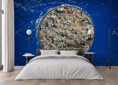 Concept cleaning ocean water from debris and plastic. Removing contaminants using ship and grid Wall mural