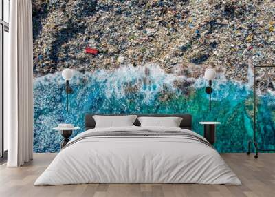 Concept environmental pollution ocean and water with plastic and human waste. Aerial top view Wall mural