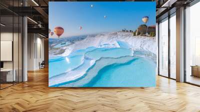 Concept Travel Pamukkale Turkey. Hot air balloon flying Travertine pool and terraces sunset Wall mural