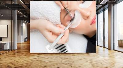 Eyelash extension procedure. Master tweezers fake long lashes beautiful female eyes Wall mural