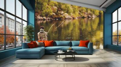 Fisherman using rod fly fishing in river morning sunrise banner Wall mural