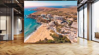 Ghajn Tuffieha Golden bay on Malta island, aerial top view Wall mural